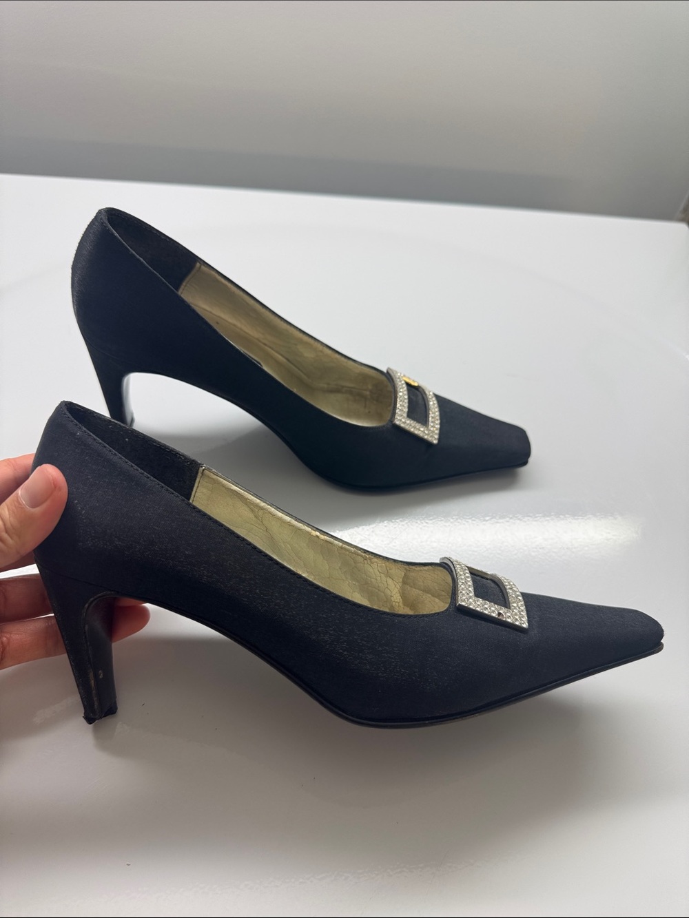 Jennifer Moore Black Satin Pointed Pumps with Rhinestone Buckle Accent